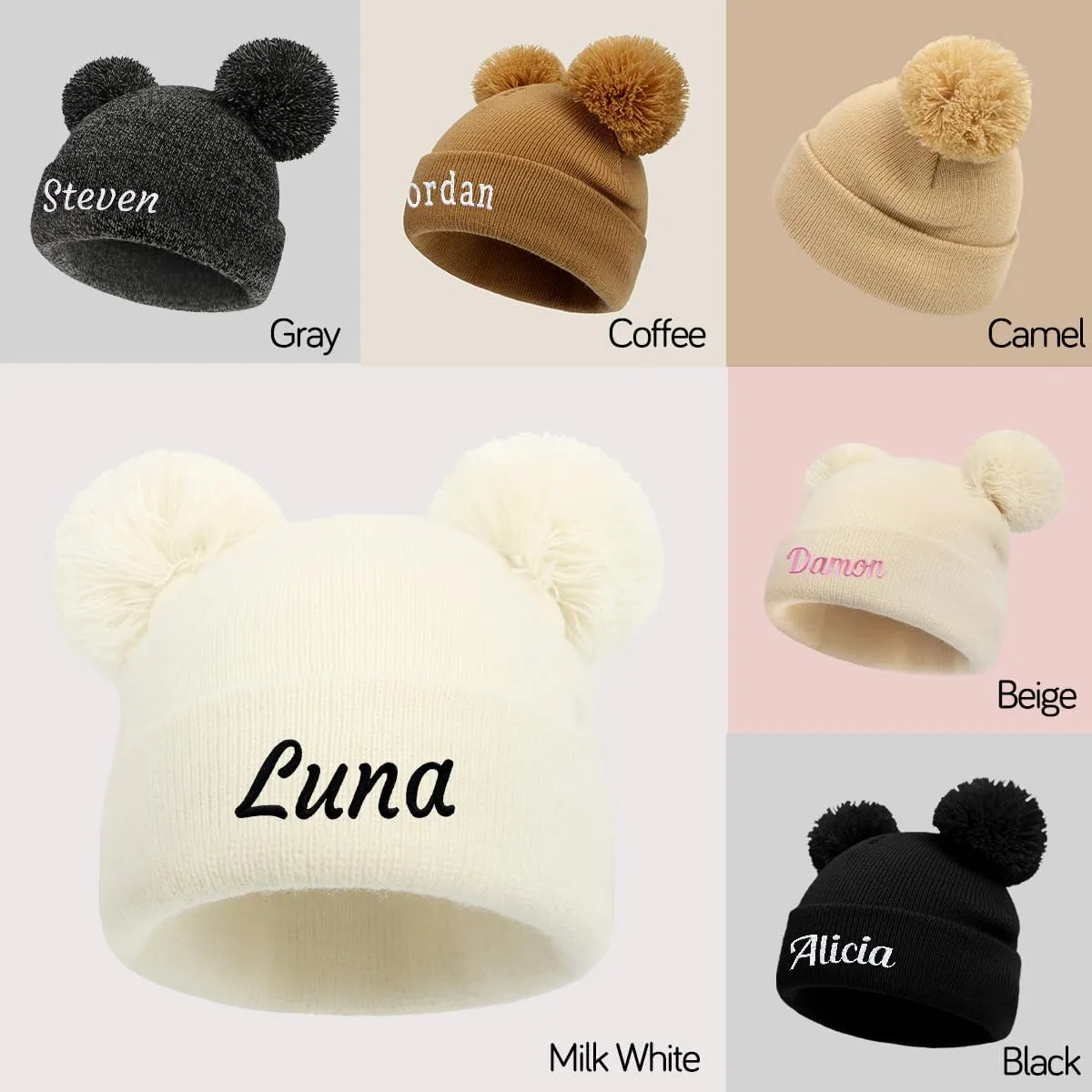 Personalized Baby Beanies Hats, Custom Knitted Toddler Winter Double Pompom Hat