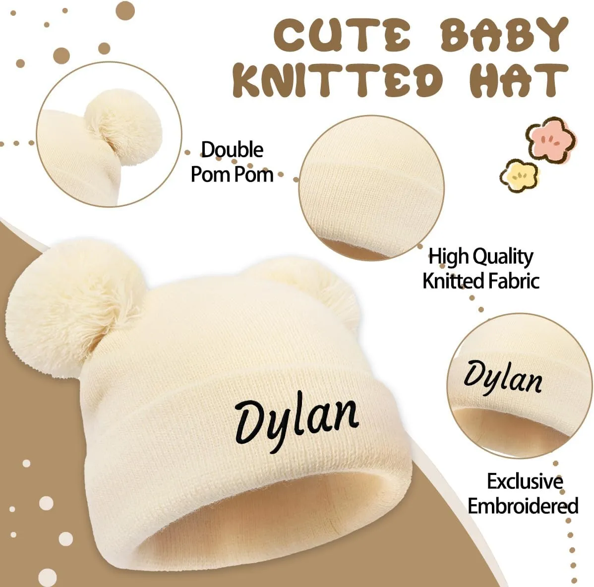 Personalized Baby Beanies Hats, Custom Knitted Toddler Winter Double Pompom Hat