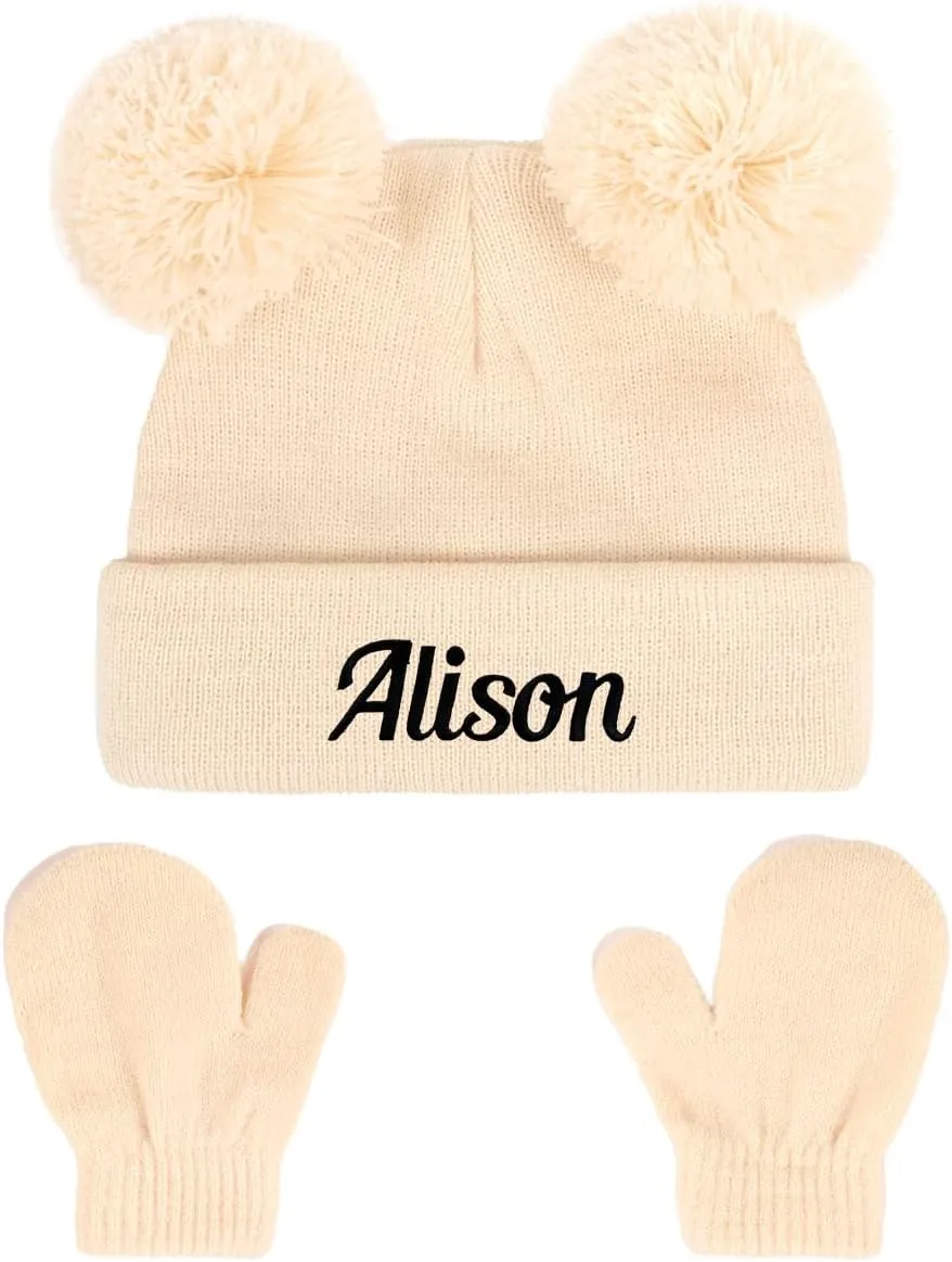 Personalized Baby Beanies Hats, Custom Knitted Toddler Winter Double Pompom Hat