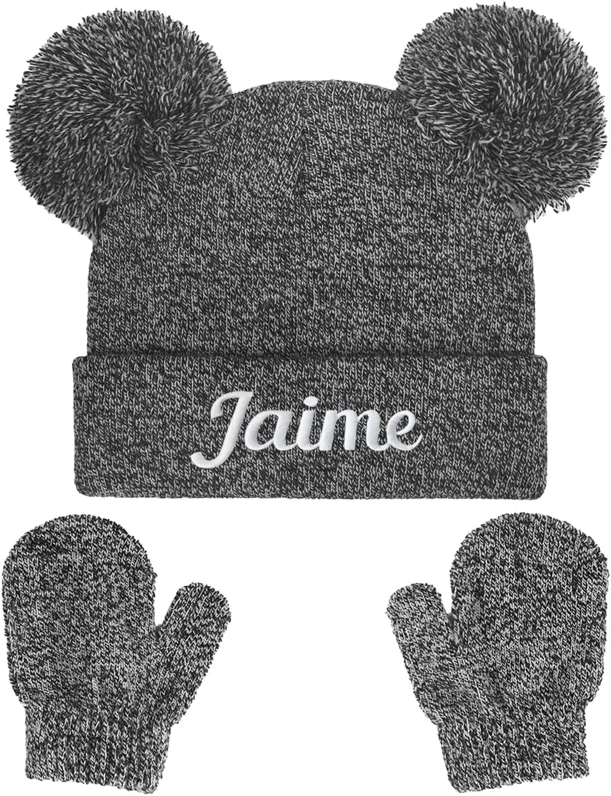 Personalized Baby Beanies Hats, Custom Knitted Toddler Winter Double Pompom Hat
