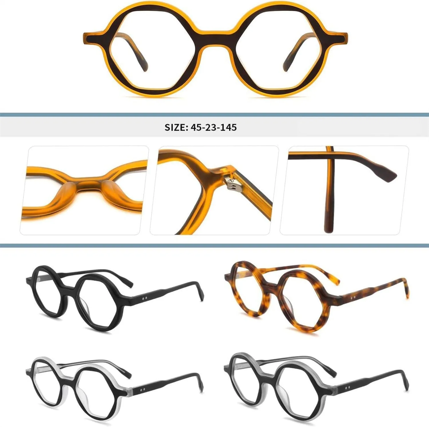 Polygon Acetate Glasses Frame Casual Eyeglass Retro Clear