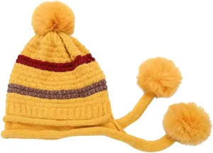 Pom Pom Beanie Women Beanie Hat, Winter Warm Knitted Hat Thic Cap, Cable Knitted Thick Fleece Lining Knit Cap Earflap Pompom (Yellow) Womens Earflap Beanie
