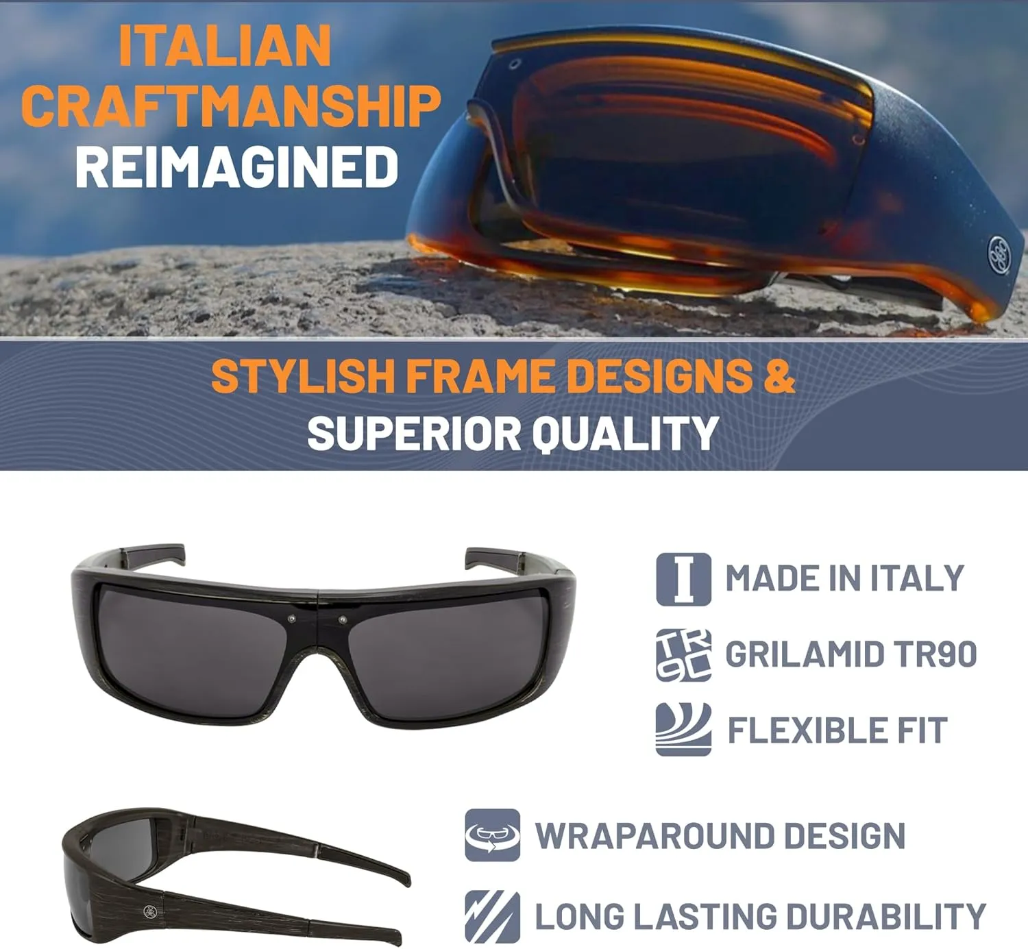 POPGEAR Mens Sport Sunglasses, Womens Polarized Sunglasses, Grilamid TR90 Made in Italy, Easily Collapse For Compact Storage