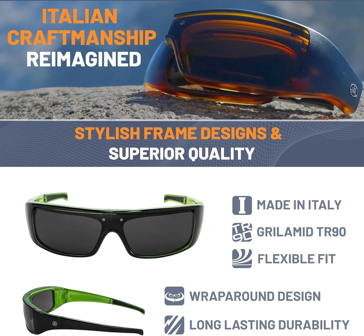 POPGEAR Mens Sport Sunglasses, Womens Polarized Sunglasses, Grilamid TR90 Made in Italy, Easily Collapse For Compact Storage