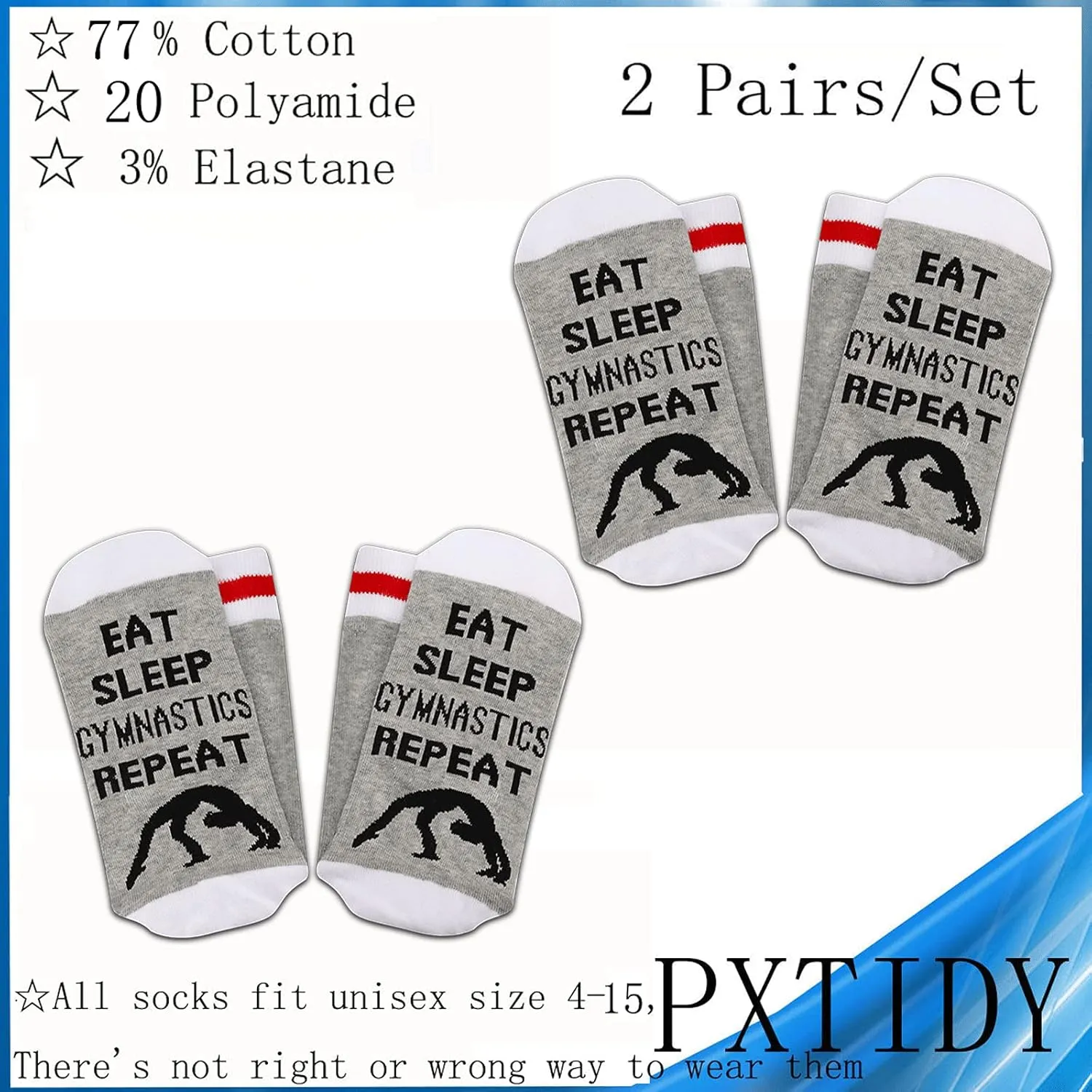 PXTIDY 2 Pairs Gymnastics Socks - Eat Sleep Gymnastics Repeat Crew Socks for Women Men - Class Gift for Gymnast