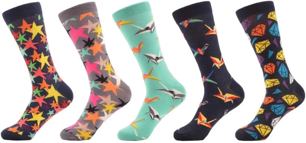 Qhome 5 pairs/lot Men's Cool Star Pattern Combed Cotton Paper Crane Funny Casual Crew Socks