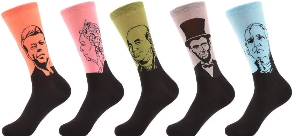 Qhome mens 5 pairs / lot Combed Cotton Famous People Pattern Lincoln President Funny Casual Crew Socks Dress, Colorful, Large