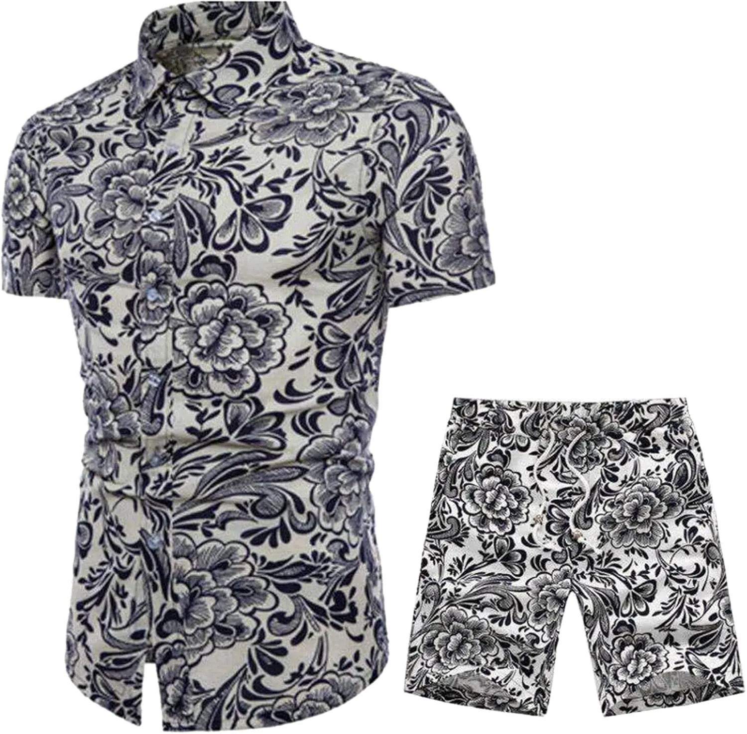 QWENTMTNTY Mens Hawaiian Shirt Set Short Sleeve 2 Piece Summer Outfits Floral Printed Relaxed Fit Button Up Beach Tracksuit White