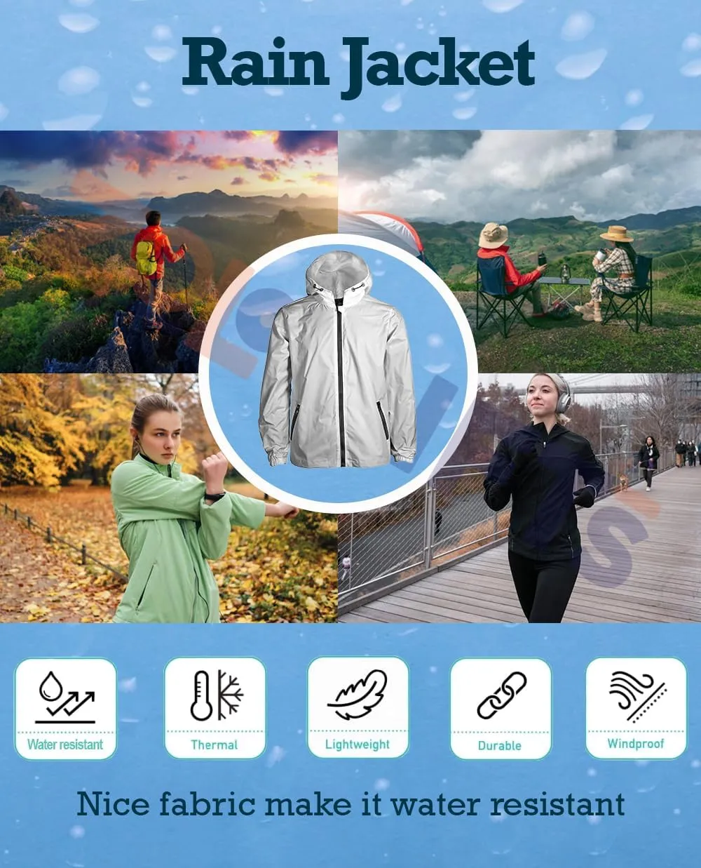 Rain Jacket Men Women, White Color, Water Resistant Running Hiking Running Jacket Windbreaker with Hood