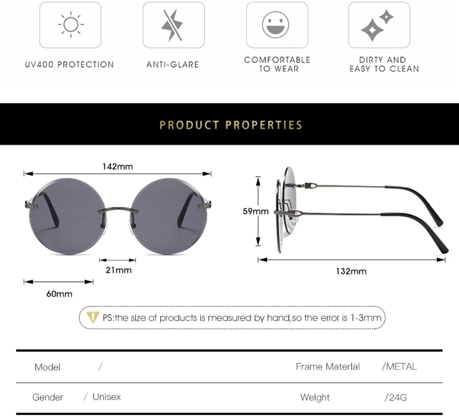 Retro Round Sunglasses Women Men Luxury Rimless Eyewear Fashion Trendy Summer Traveling Uv400