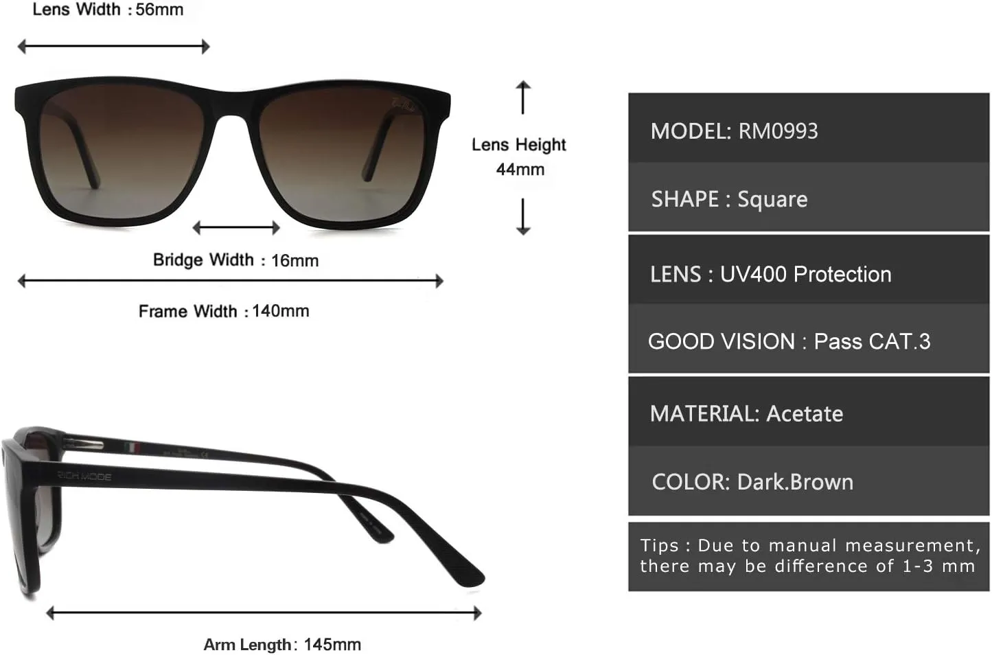 RICH MODE Rectangular Polarized Sunglasses for Men UV400 Protection Sunglasses Classic Fashion Sun Glassses