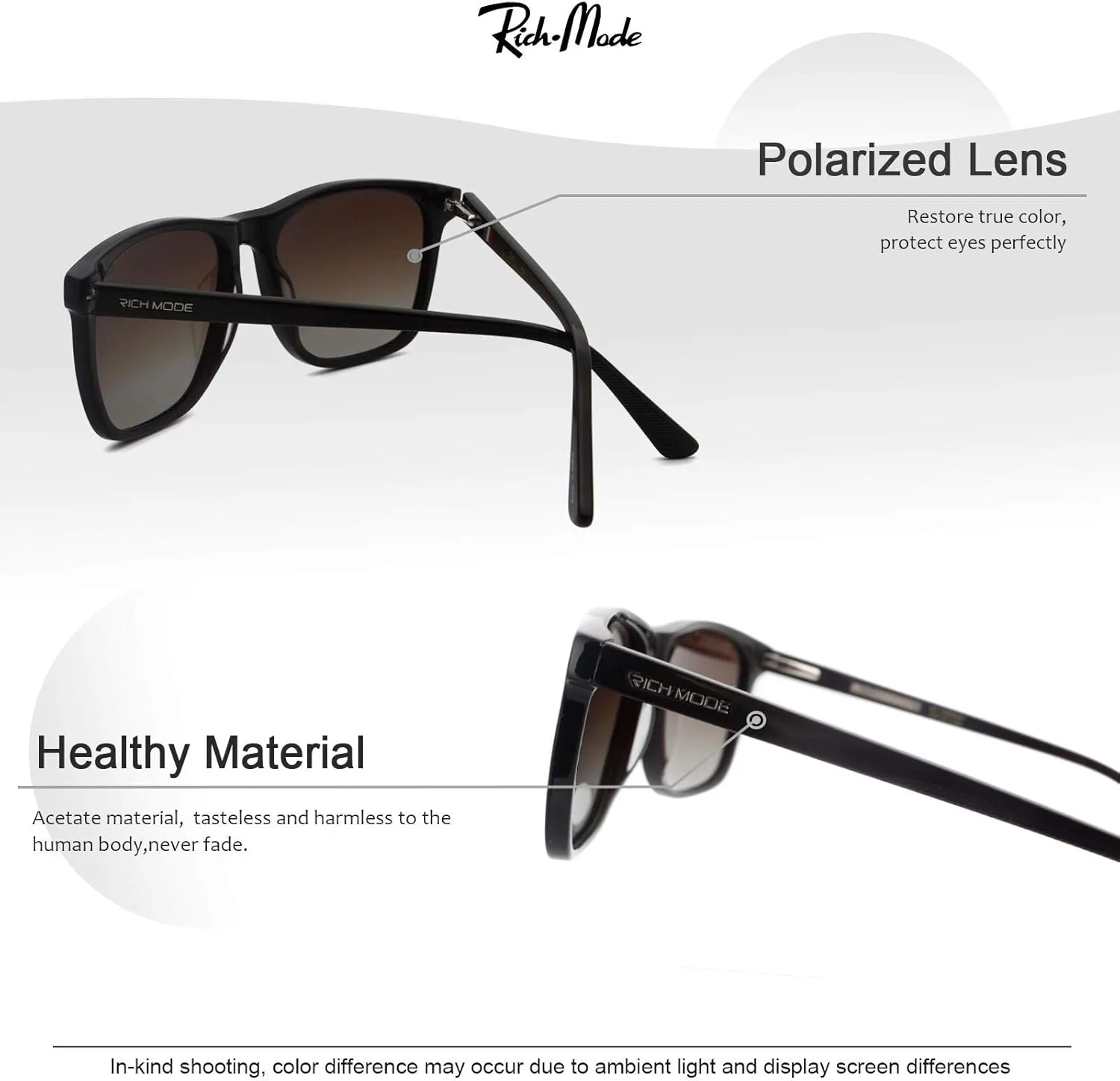 RICH MODE Rectangular Polarized Sunglasses for Men UV400 Protection Sunglasses Classic Fashion Sun Glassses