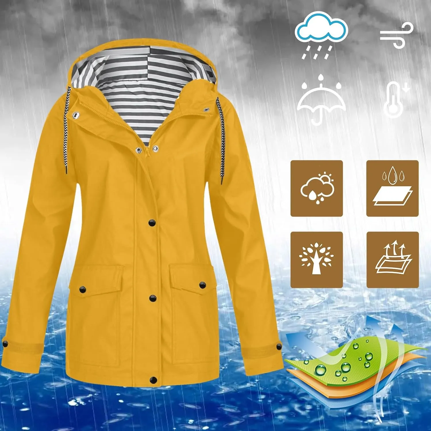 sdbrld Rain Coat for Women Waterproof 2024 Hooded Solid Windbreaker Zipper Rain Jacket Lightweight Outdoor Trench Coats