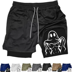 Siirigo Shorts Men,Fake Two Piece Quick Dry Running Shorts,Anti Glare Fitness Athletic Short