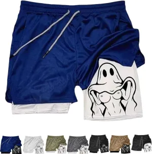 Siirigo Shorts Men,Fake Two Piece Quick Dry Running Shorts,Anti Glare Fitness Athletic Short