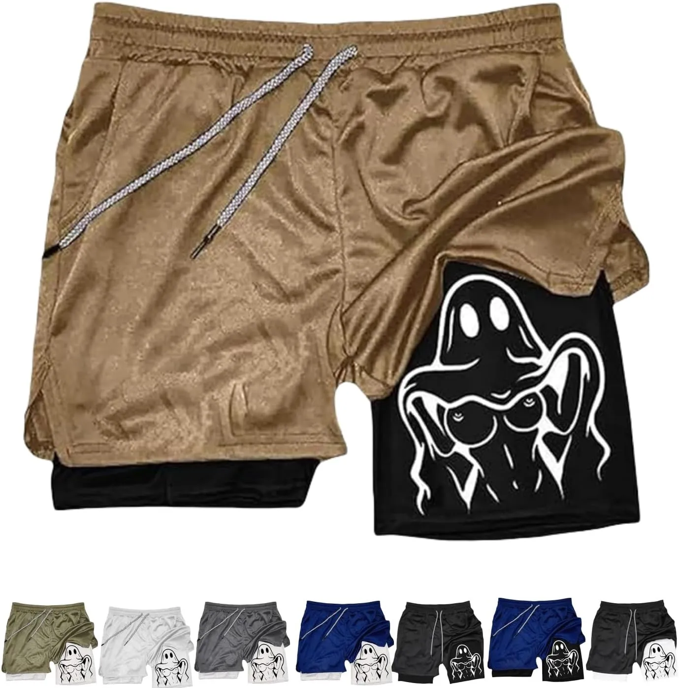 Siirigo Shorts Men,Fake Two Piece Quick Dry Running Shorts,Anti Glare Fitness Athletic Short