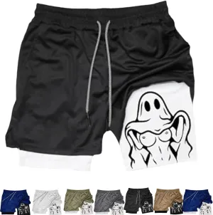 Siirigo Shorts Men,Fake Two Piece Quick Dry Running Shorts,Anti Glare Fitness Athletic Short