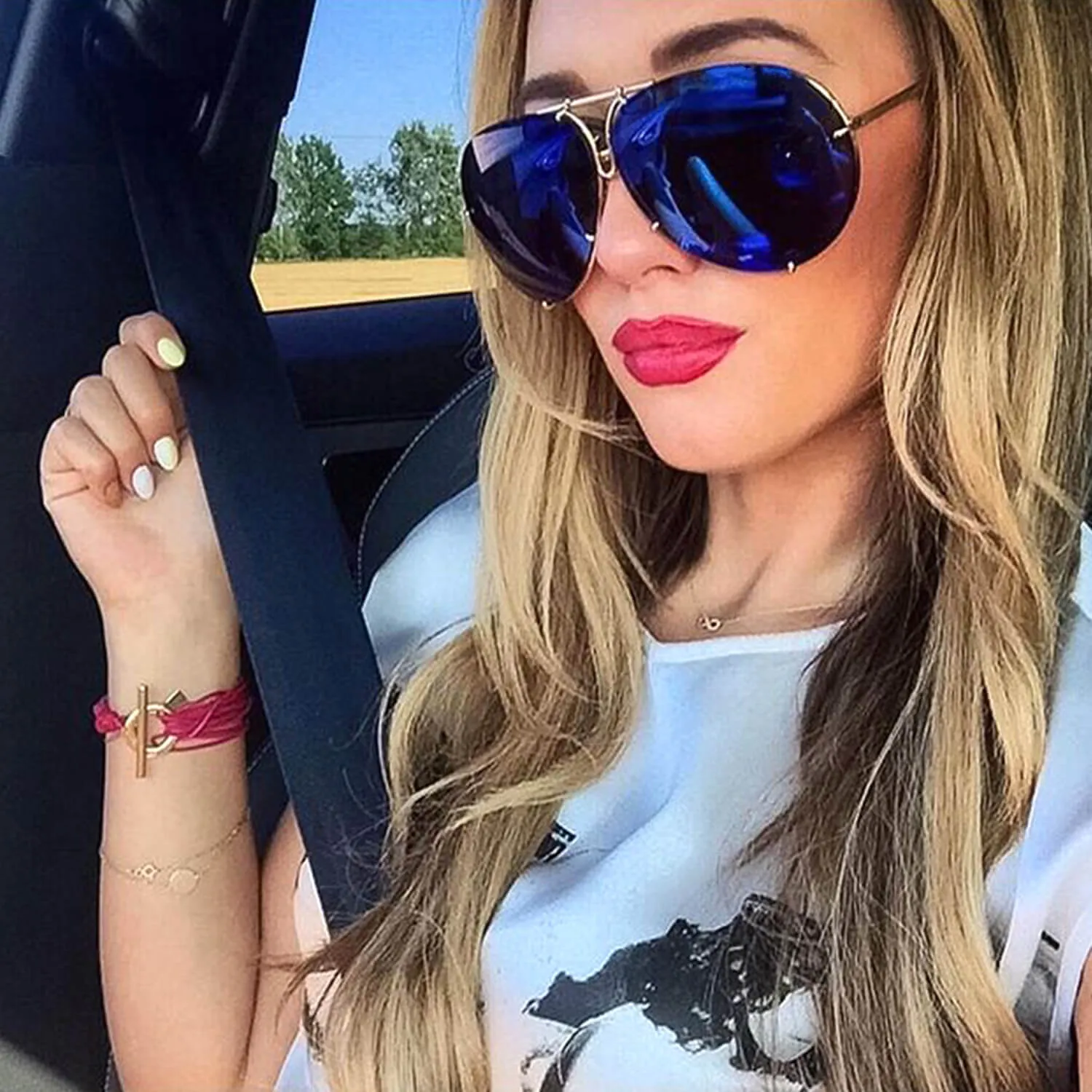 Sleek Blue Oversized Aviator Gold Rimmed Sunglasses