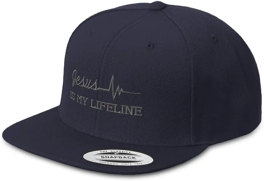 Snapback Hat for Men Flat Brim Hats Jesus is My Lifeline God Christian Embroidered Flat Bill Hat Acrylic