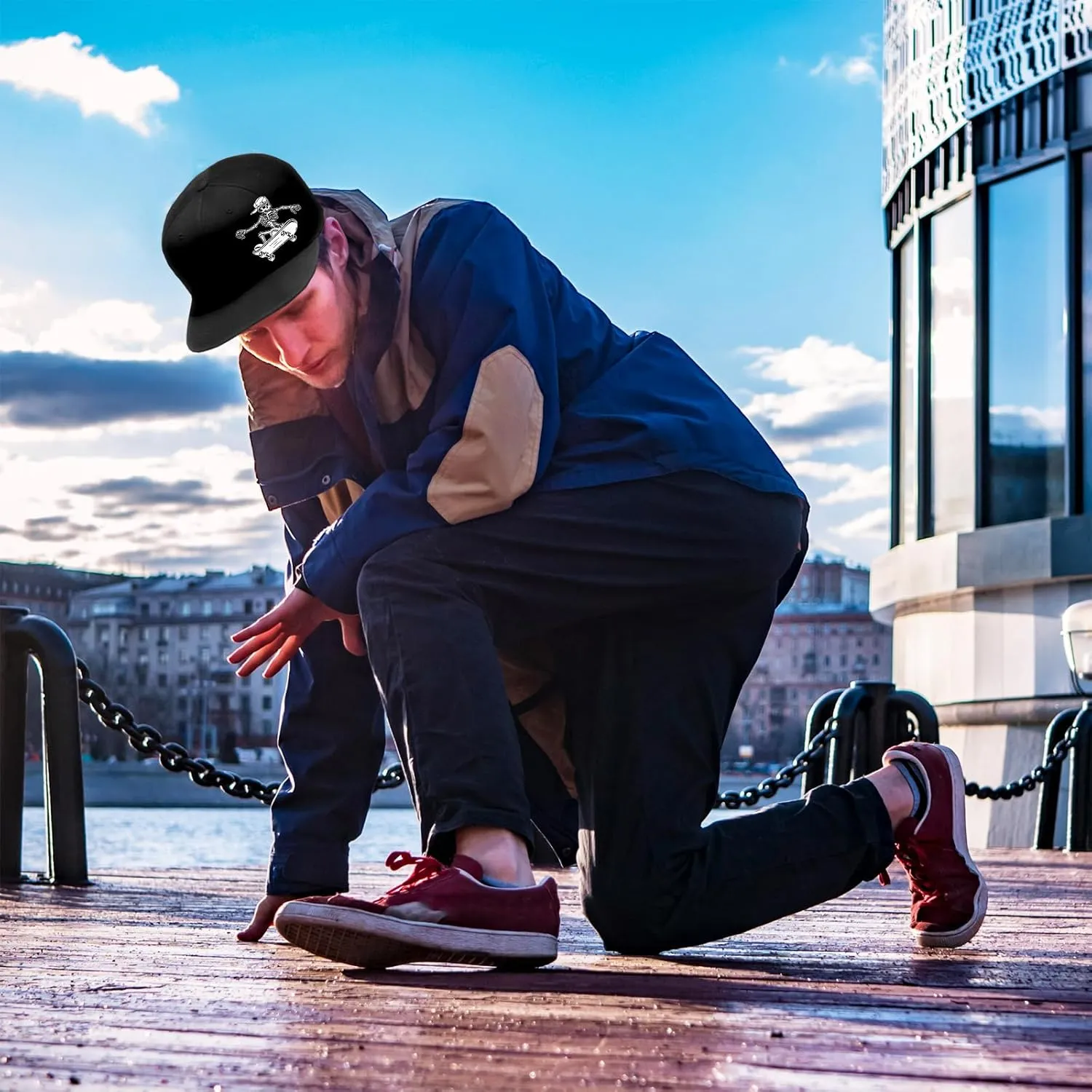 Snapback Hats for Men Flat Bill Hats for Men Black SkullHat Flat Brim Hat Fitted Hats Baseball Caps