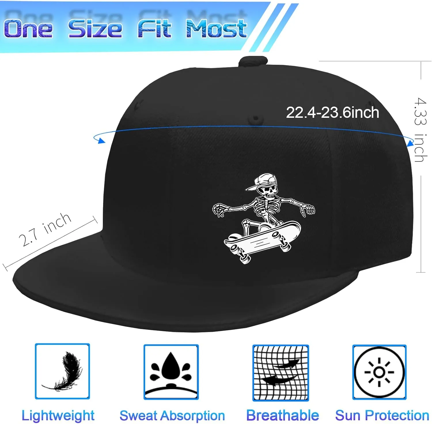 Snapback Hats for Men Flat Bill Hats for Men Black SkullHat Flat Brim Hat Fitted Hats Baseball Caps