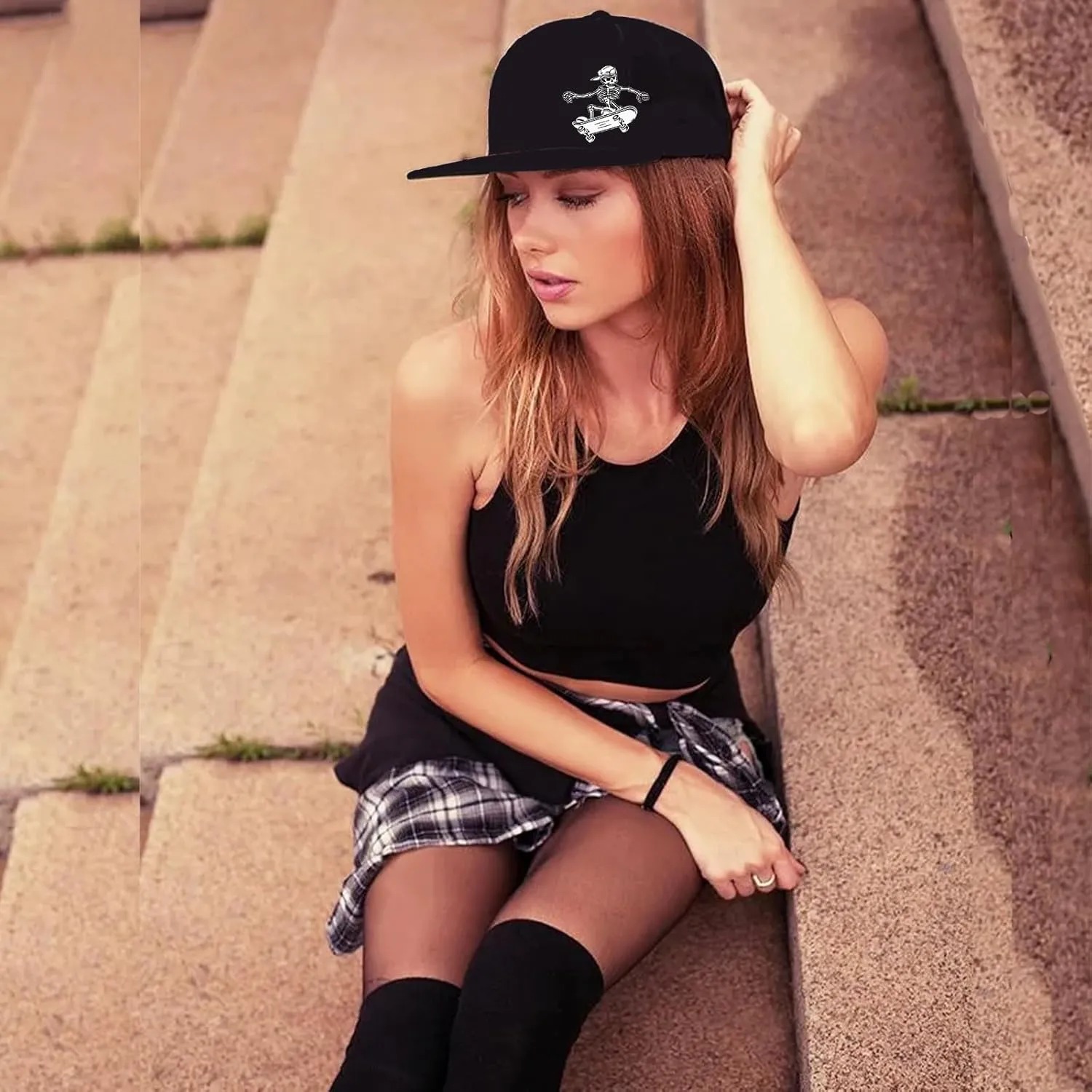 Snapback Hats for Men Flat Bill Hats for Men Black SkullHat Flat Brim Hat Fitted Hats Baseball Caps