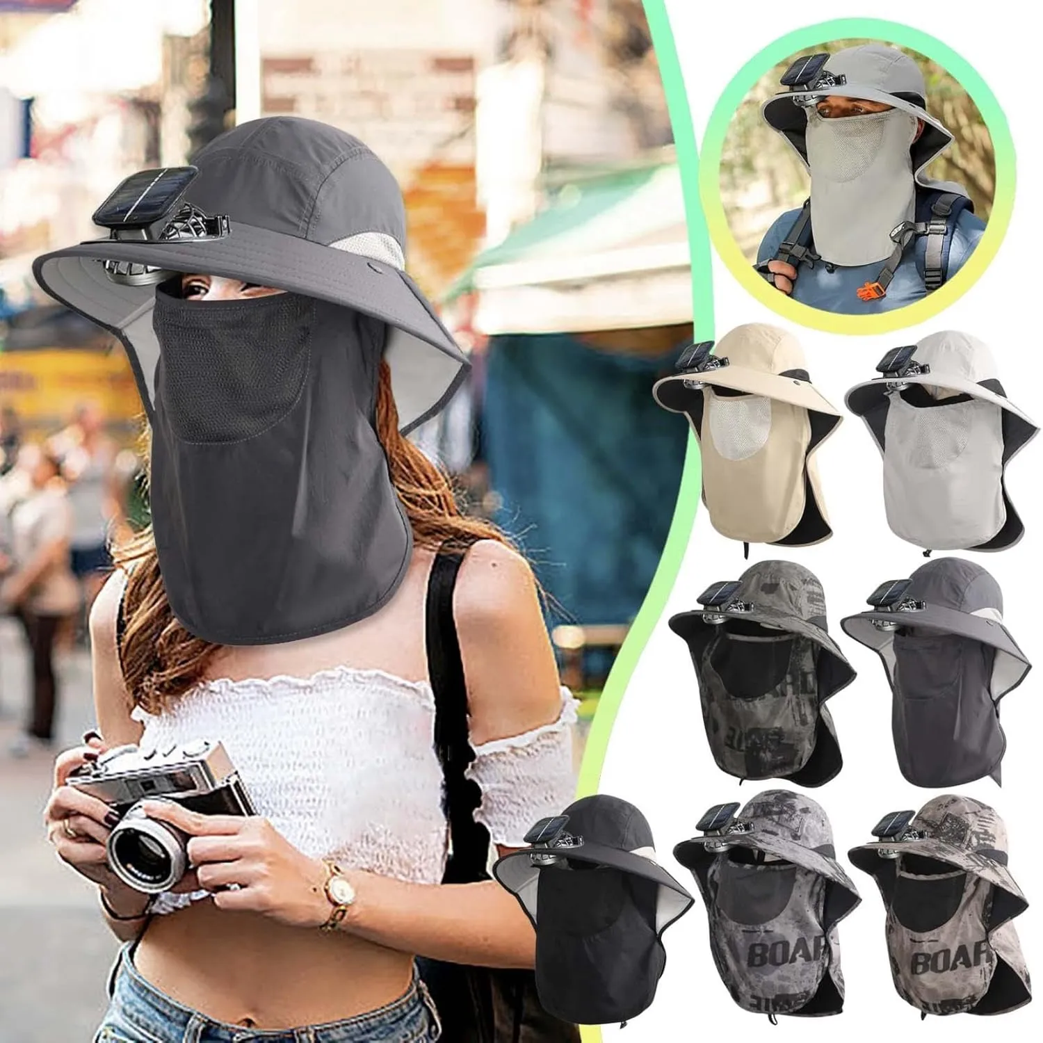 Solar Powered Sun Hat with Fans, Wide Brim Bucket Hat, UV Protection Outdoor Hat for Fishing Camping Hiking