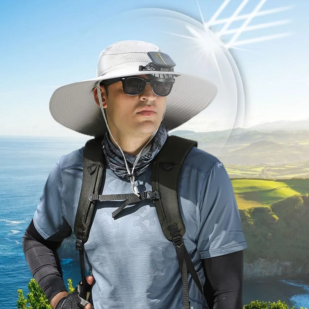 Solar-Powered Wide Brim Cooling Hat - UPF50  Adjustable Sun Hat with Fan for Hiking, Outdoor