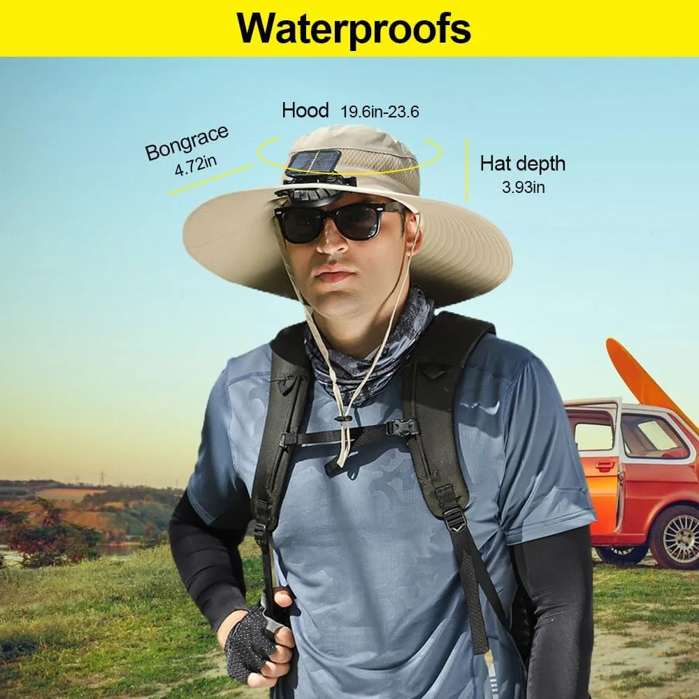 Solar-Powered Wide Brim Cooling Hat - UPF50  Adjustable Sun Hat with Fan for Hiking, Outdoor