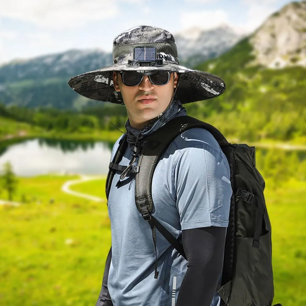 Solar-Powered Wide Brim Cooling Hat - UPF50  Adjustable Sun Hat with Fan for Hiking, Outdoor