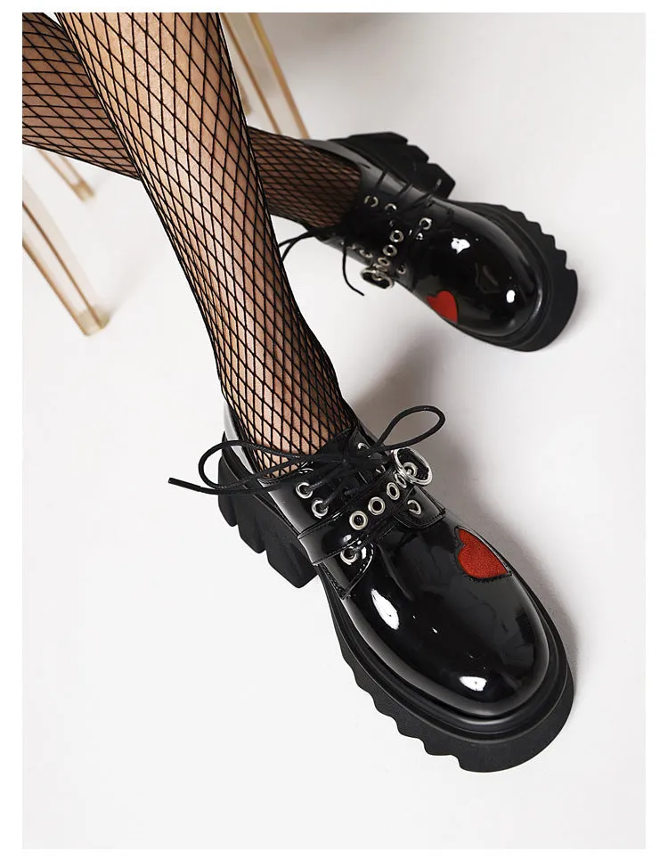 Spring And Autumn Retro Thick-Soled Women'S Shoes Single Shoes High-Heeled Patent Leather Lace Up Muffin Small Leather Shoes Women | Brodtica.com