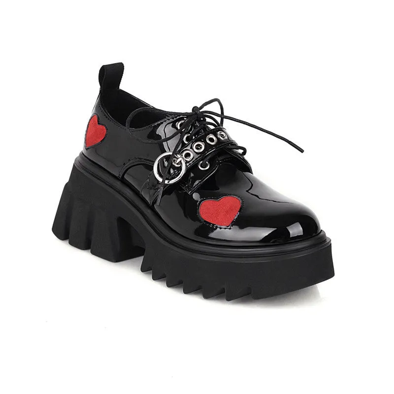 Spring And Autumn Retro Thick-Soled Women'S Shoes Single Shoes High-Heeled Patent Leather Lace Up Muffin Small Leather Shoes Women | Brodtica.com