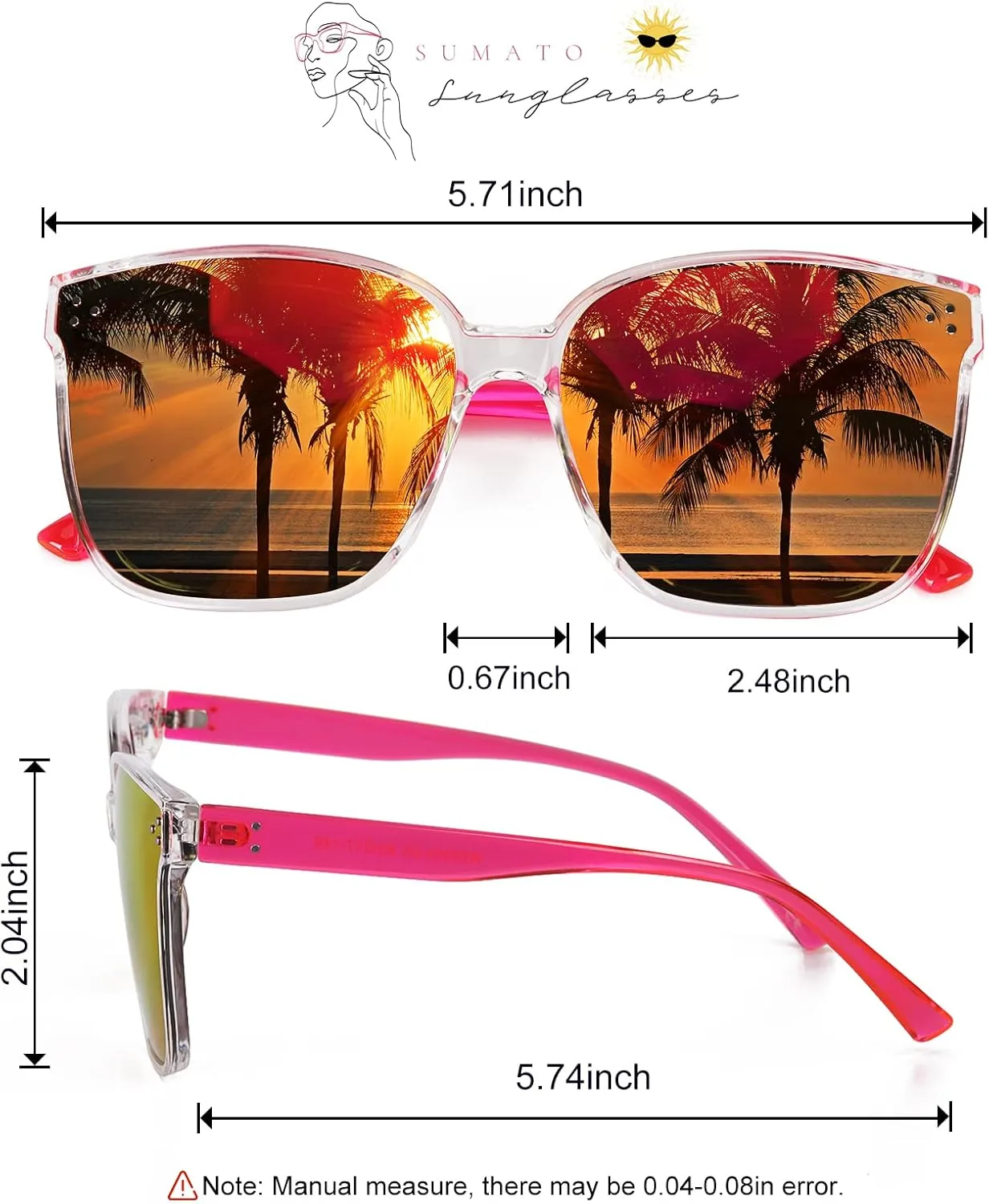 Sumato Sunglasses Womens, Oversized Pink Sunglasses for Women with Trendy Mirrored Lens UV400 Blocking