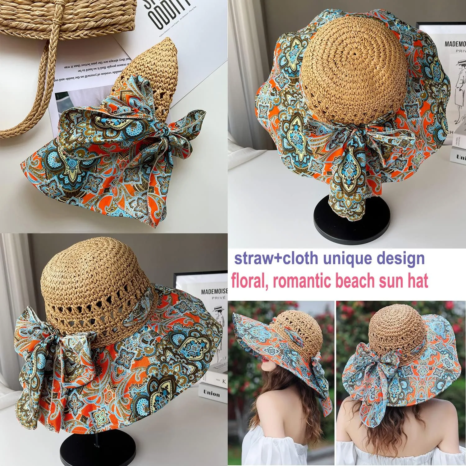 Summer Anti-UV Wide Brim Beach Hats Women Flower Floppy Foldable Roll up Cap