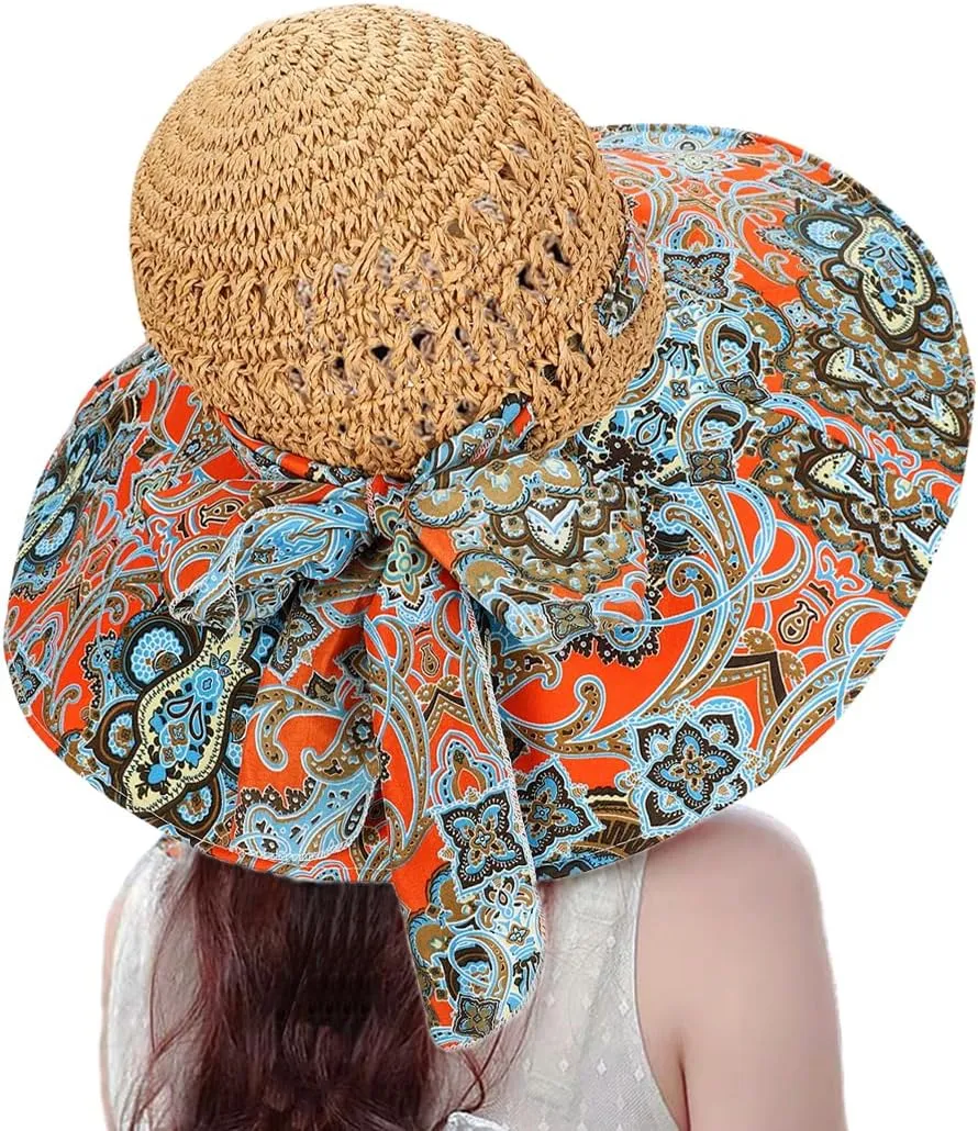 Summer Anti-UV Wide Brim Beach Hats Women Flower Floppy Foldable Roll up Cap