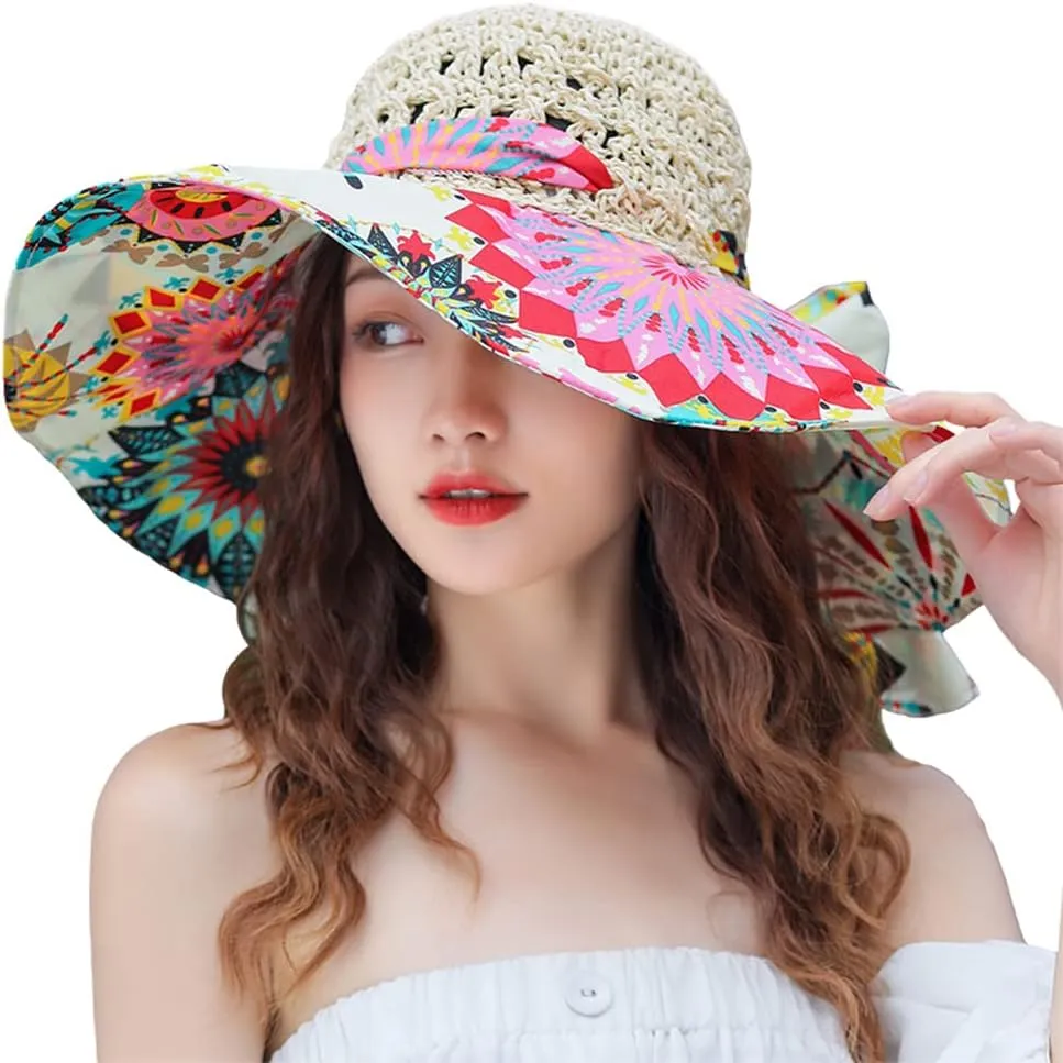 Summer Anti-UV Wide Brim Beach Hats Women Flower Floppy Foldable Roll up Cap