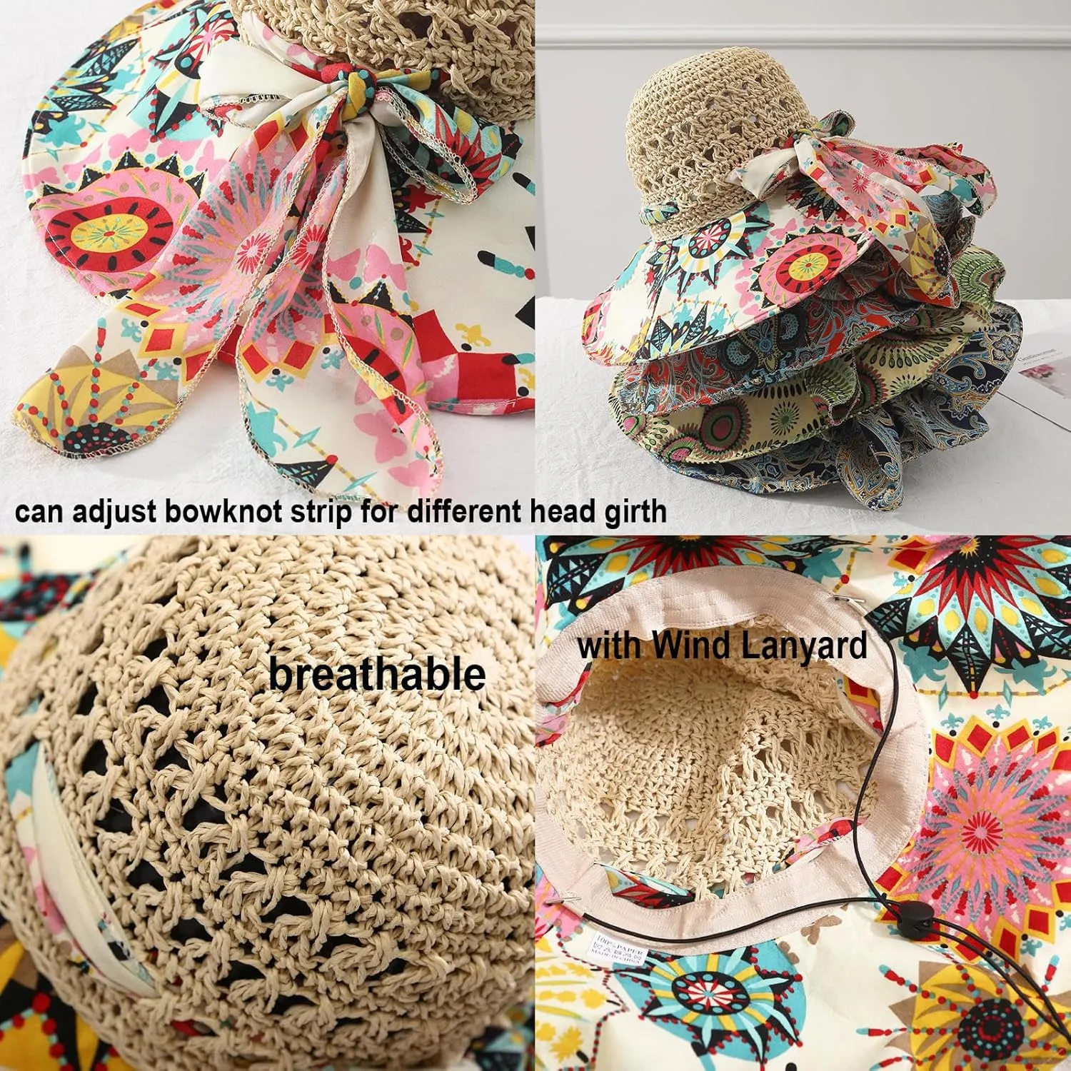 Summer Anti-UV Wide Brim Beach Hats Women Flower Floppy Foldable Roll up Cap