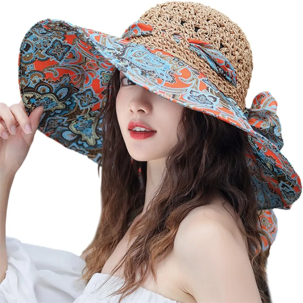 Summer Anti-UV Wide Brim Beach Hats Women Flower Floppy Foldable Roll up Cap