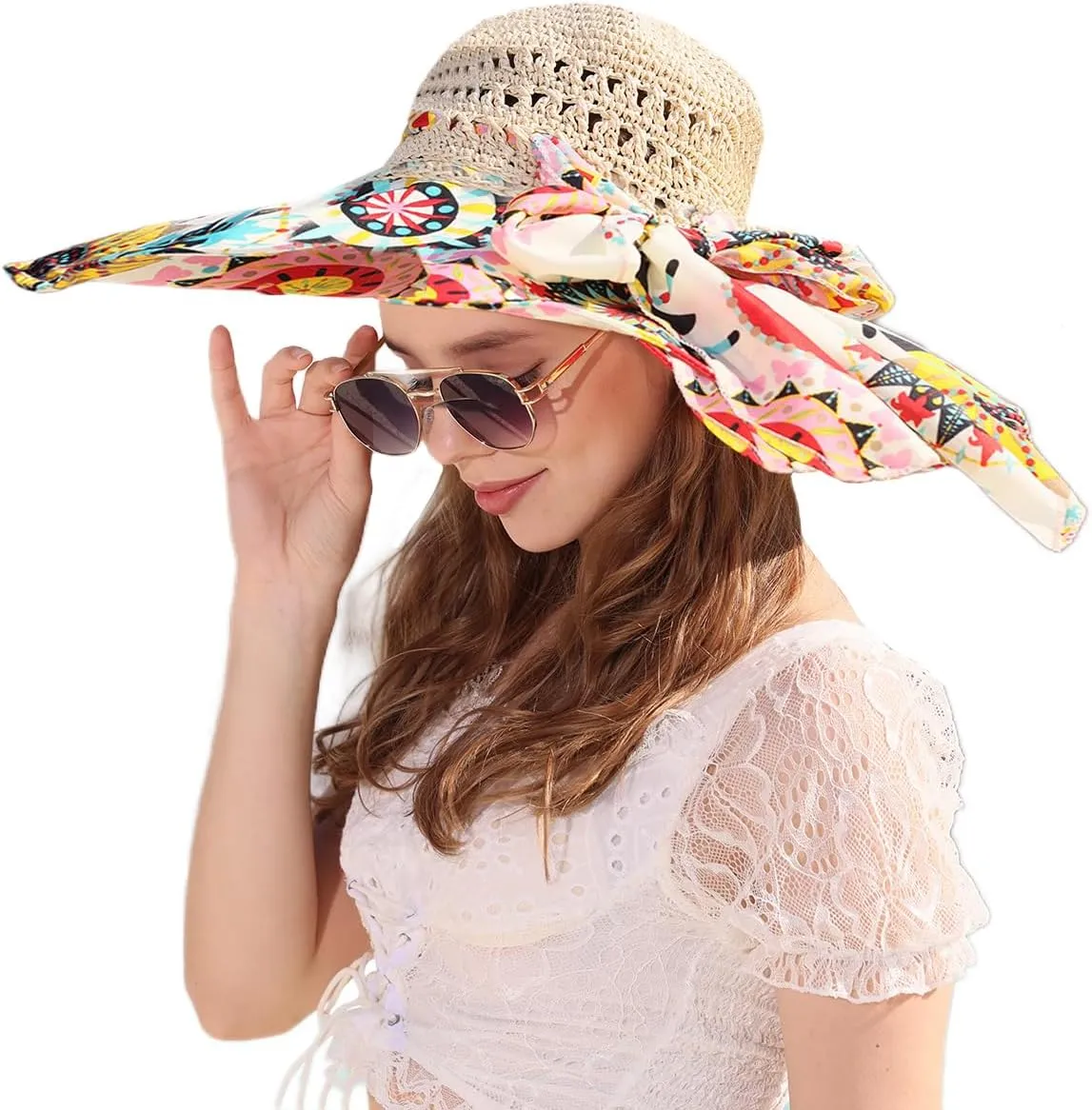 Summer Anti-UV Wide Brim Beach Hats Women Flower Floppy Foldable Roll up Cap