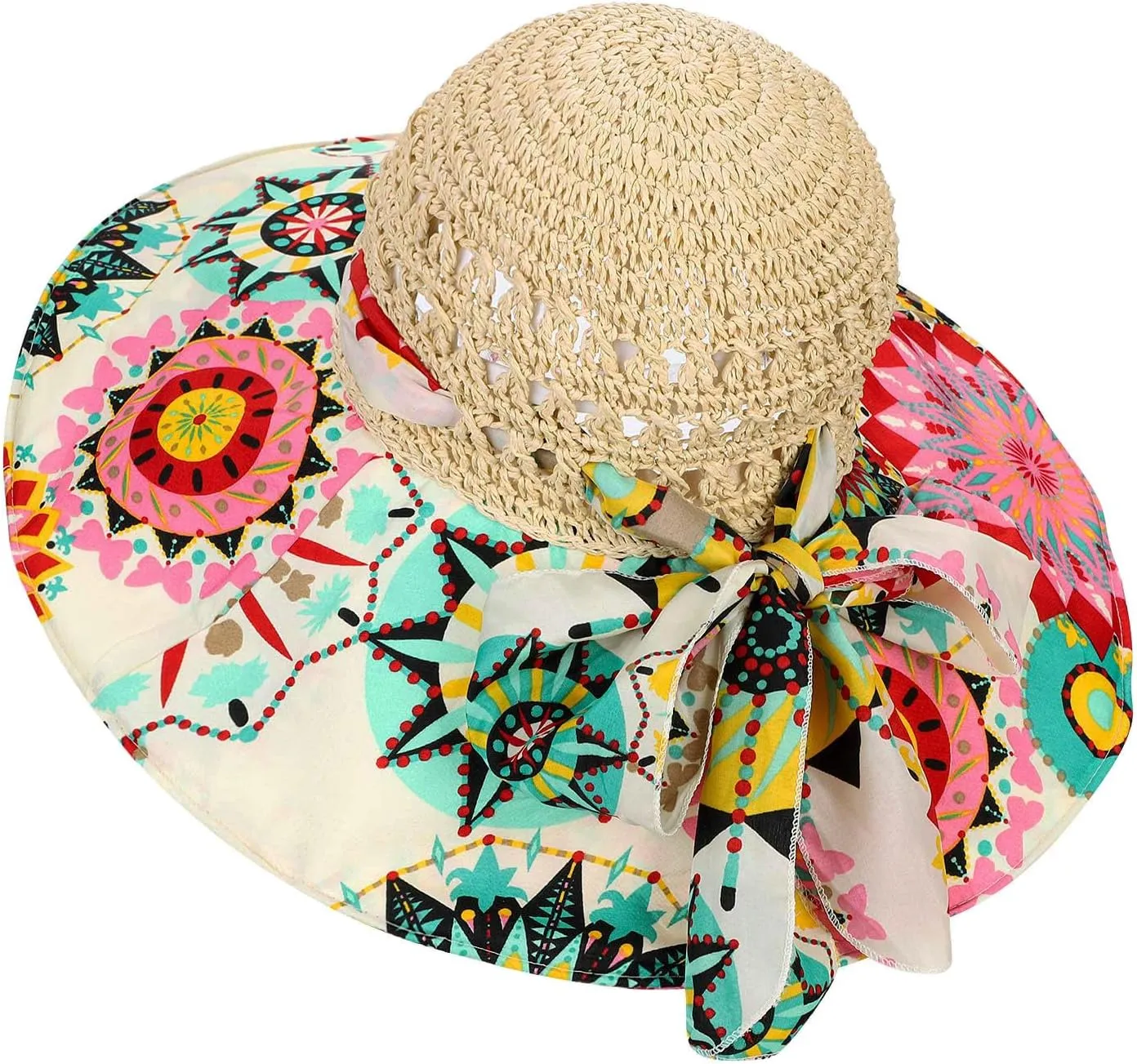 Summer Anti-UV Wide Brim Beach Hats Women Flower Floppy Foldable Roll up Cap
