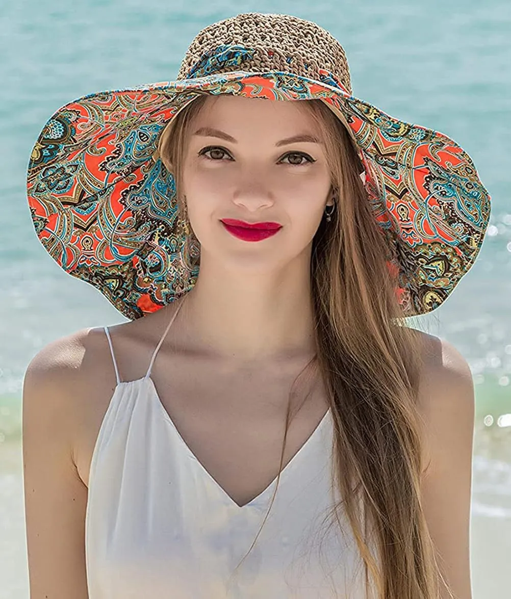 Summer Anti-UV Wide Brim Beach Hats Women Flower Floppy Foldable Roll up Cap