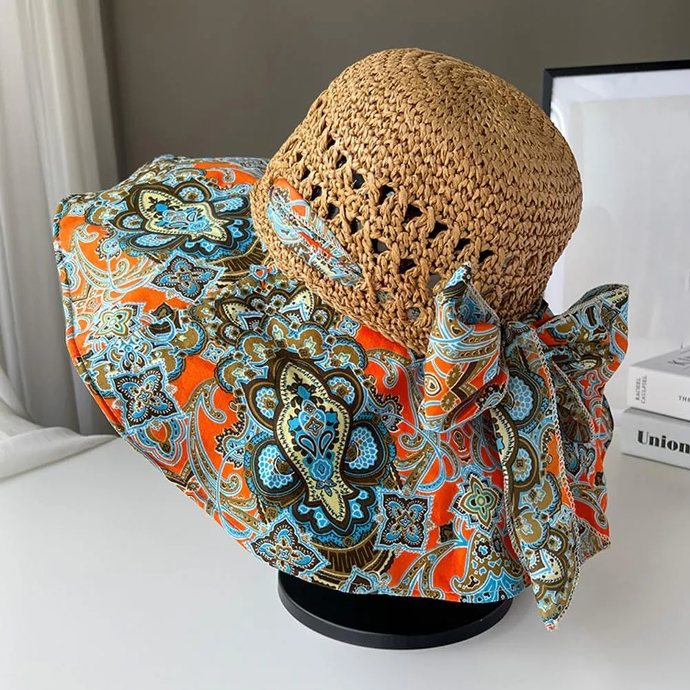 Summer Anti-UV Wide Brim Beach Hats Women Flower Floppy Foldable Roll up Cap