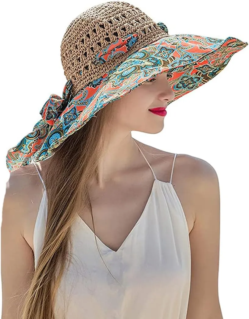 Summer Anti-UV Wide Brim Beach Hats Women Flower Floppy Foldable Roll up Cap