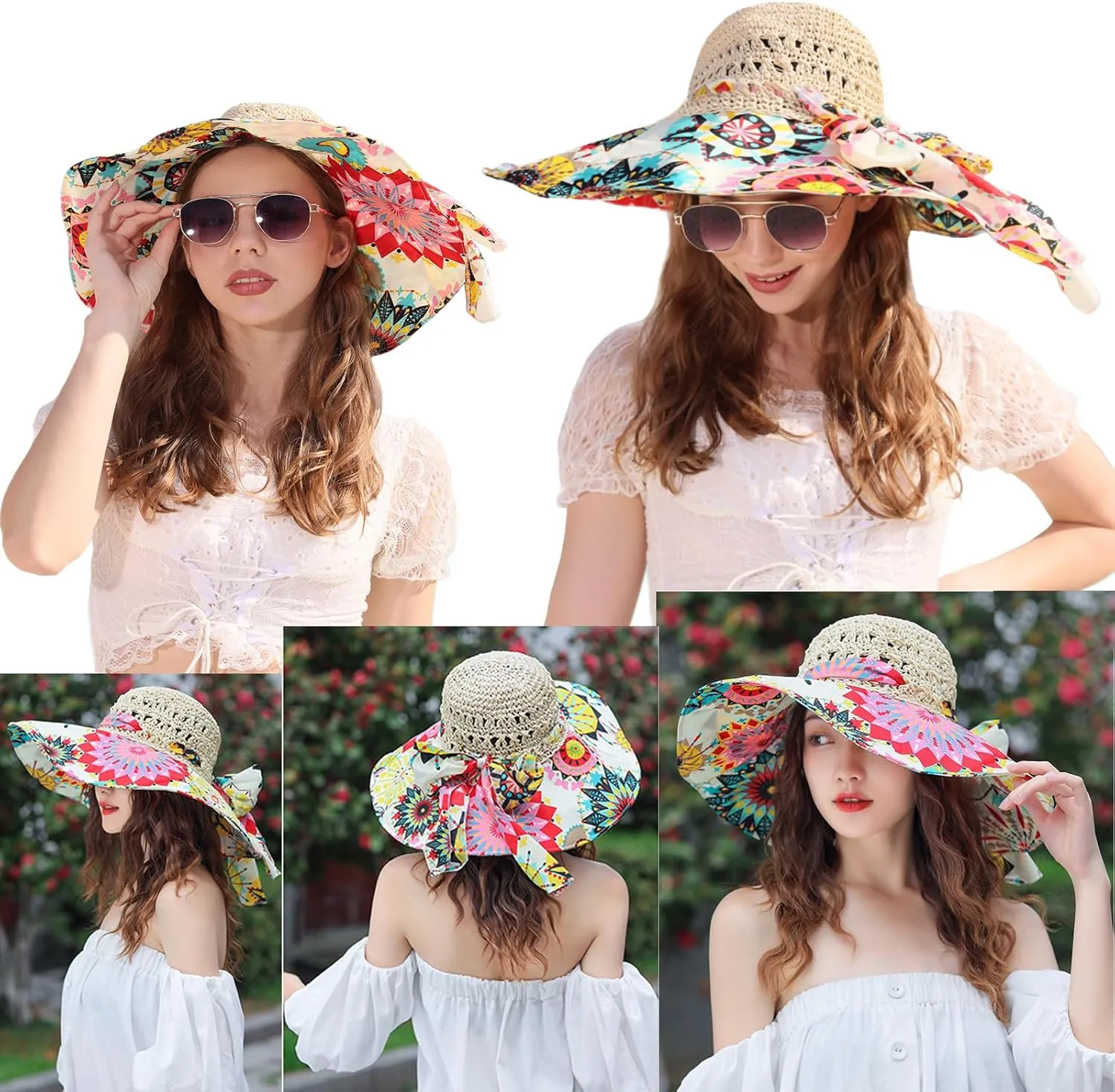 Summer Anti-UV Wide Brim Beach Hats Women Flower Floppy Foldable Roll up Cap