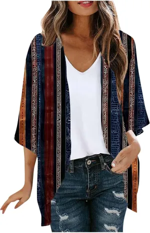 Summer Lightweight Cardigan Rash Guard for Women 3/4 Sleeve Chiffon Kimono Shrug Beach Cover Ups Floral Beach Coverup