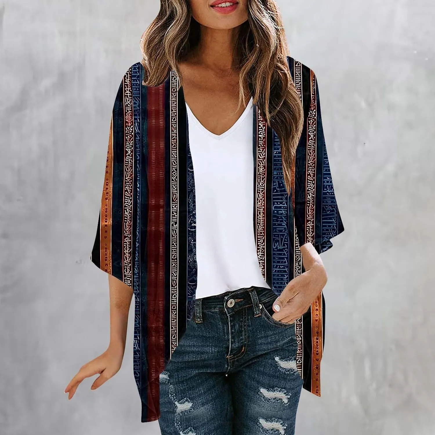 Summer Lightweight Cardigan Rash Guard for Women 3/4 Sleeve Chiffon Kimono Shrug Beach Cover Ups Floral Beach Coverup