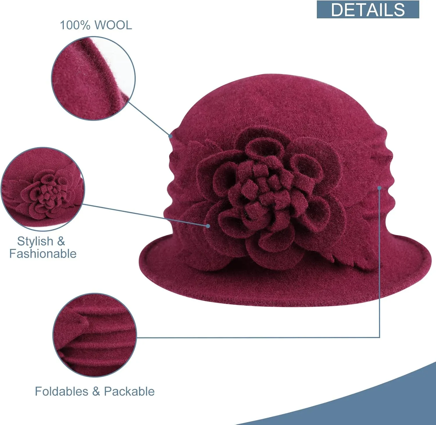 Sumolux Women Beret Hat French Vintage Floral Wool Dress Cloche Classic Winter Hat 1920s