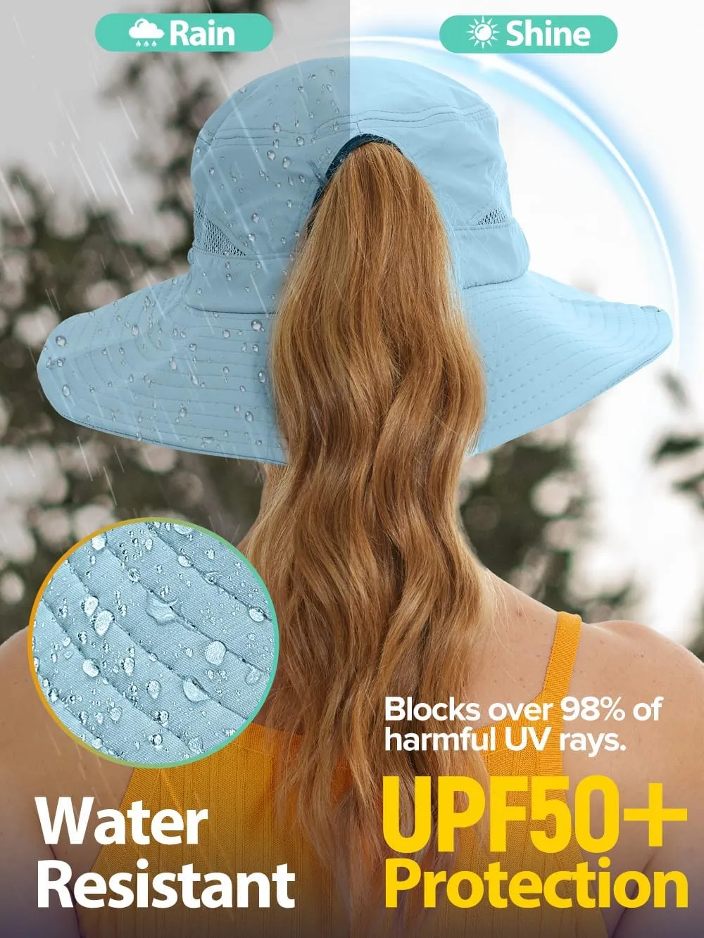 Sun Bucket Beach Hats for Women with Ponytail Hole,Sun Protection UV UPF50  Waterproof Fishing Safari Hiking Hat