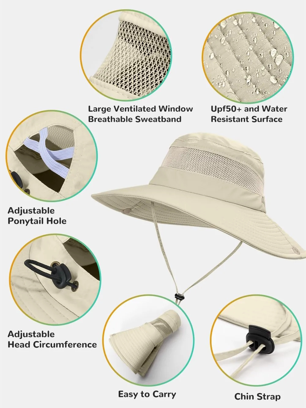 Sun Bucket Beach Hats for Women with Ponytail Hole,Sun Protection UV UPF50  Waterproof Fishing Safari Hiking Hat