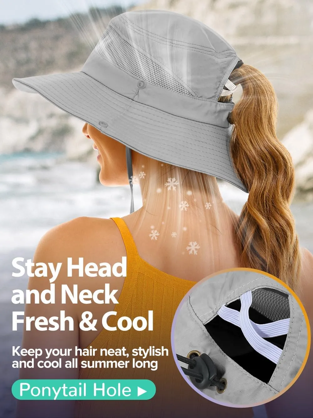 Sun Bucket Beach Hats for Women with Ponytail Hole,Sun Protection UV UPF50  Waterproof Fishing Safari Hiking Hat